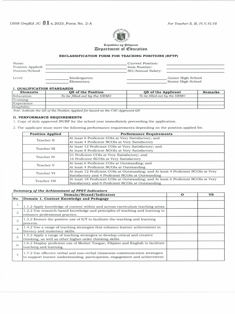 Reclassification Form Teacher I VI | PDF