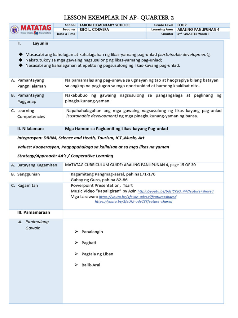 Dfot Lesson-Exemplar Ap4 Ks2.nasipit Corvera | PDF