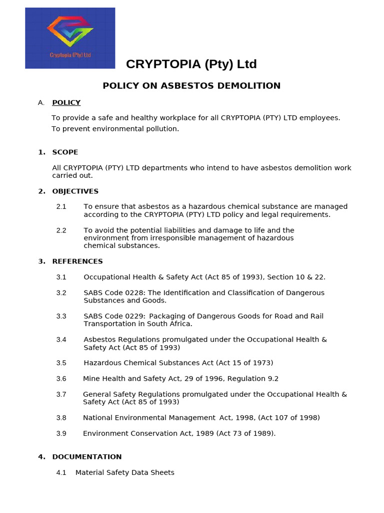 Asbestos Demolition Policy Overview | PDF | Occupational Safety And ...