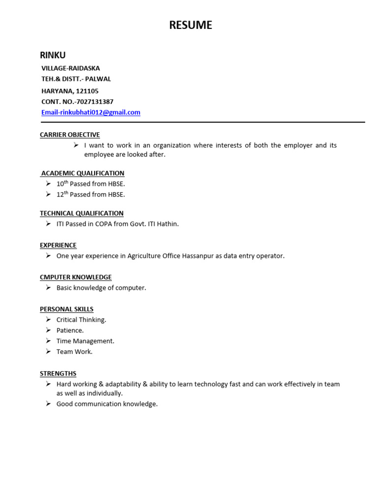 Rinku's Resume: Data Entry Operator | PDF