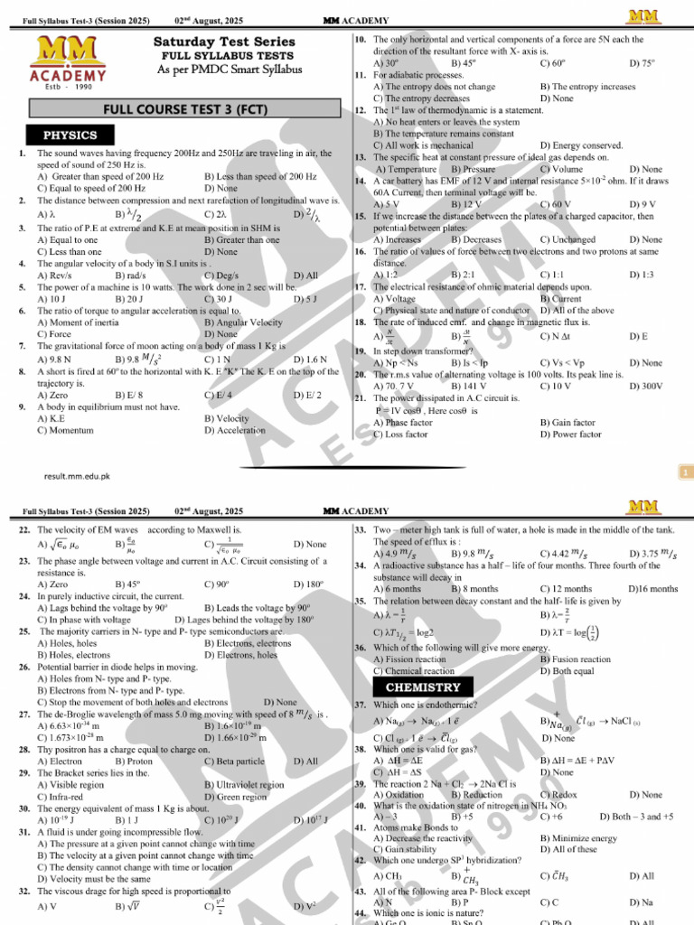 MM Full Course Test 3 (Saturday) 2-8-2025 by DR ZEESHAN Khan | PDF