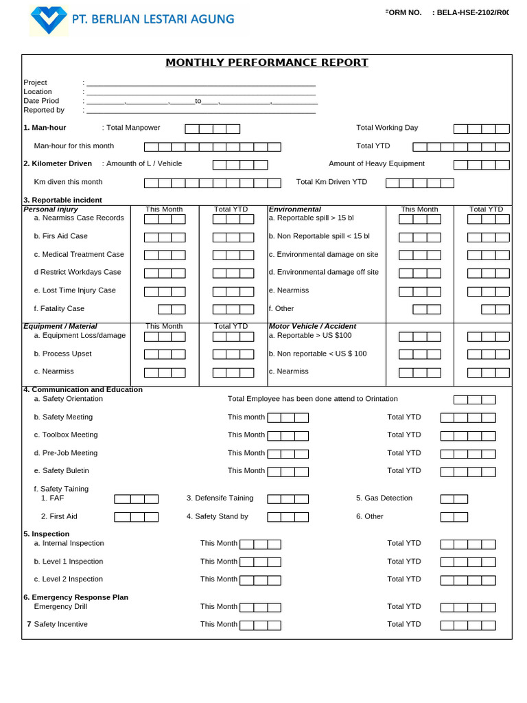 Monthly Safety Performance Report | PDF