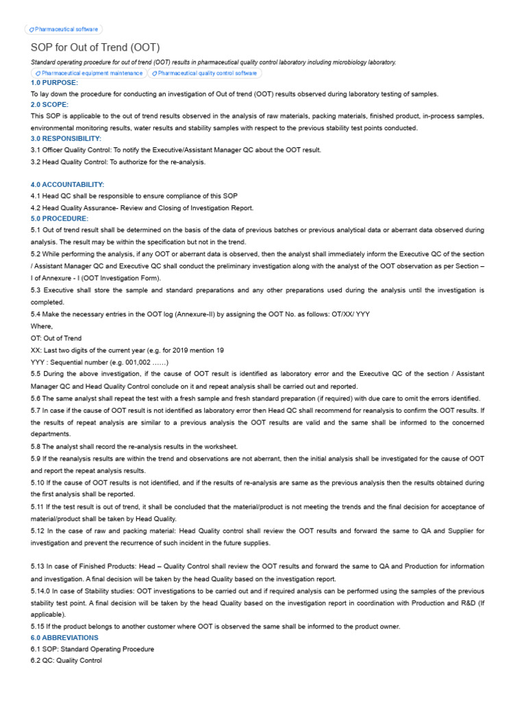 SOP For Out of Trend (OOT) - Pharmaguideline | PDF