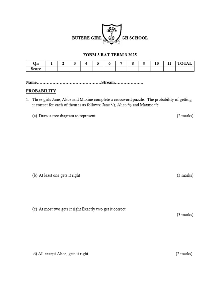 Probability Exercises for Form 3 Students | PDF | Probability | Arithmetic