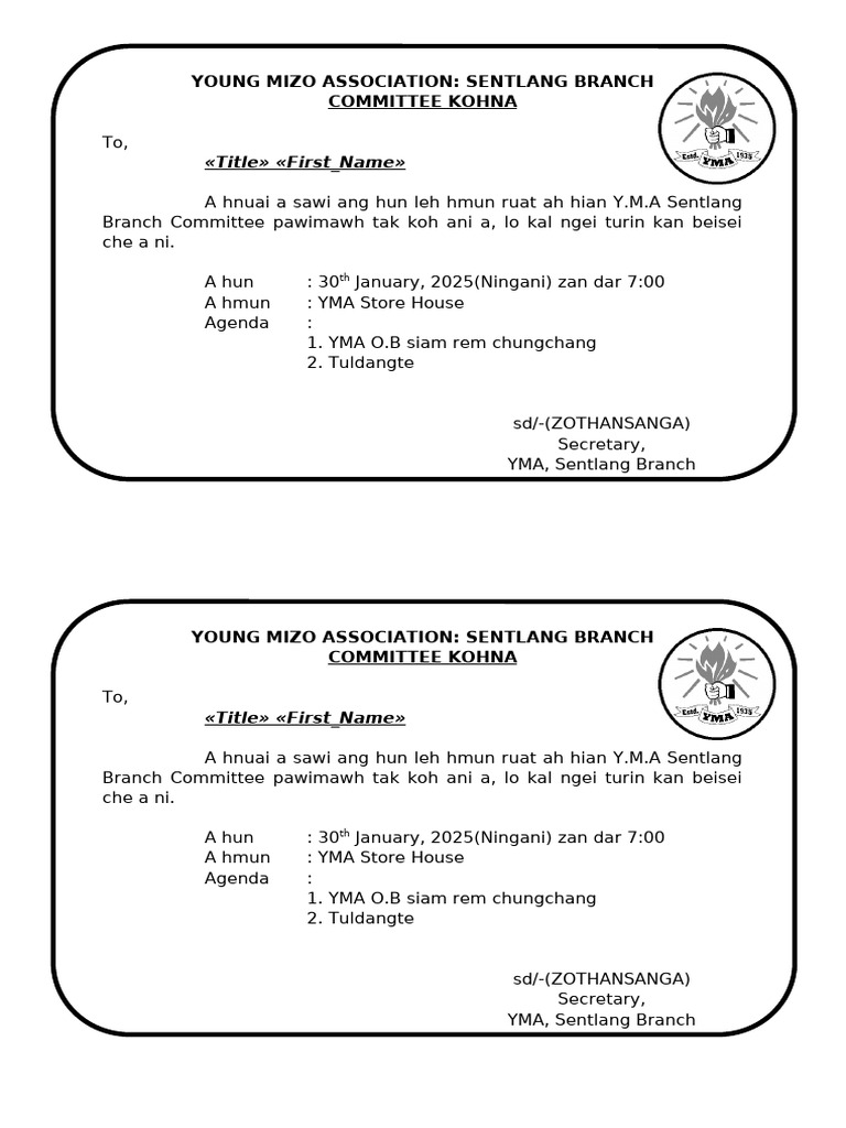 YMA Sentlang Committee Meeting Notice | PDF