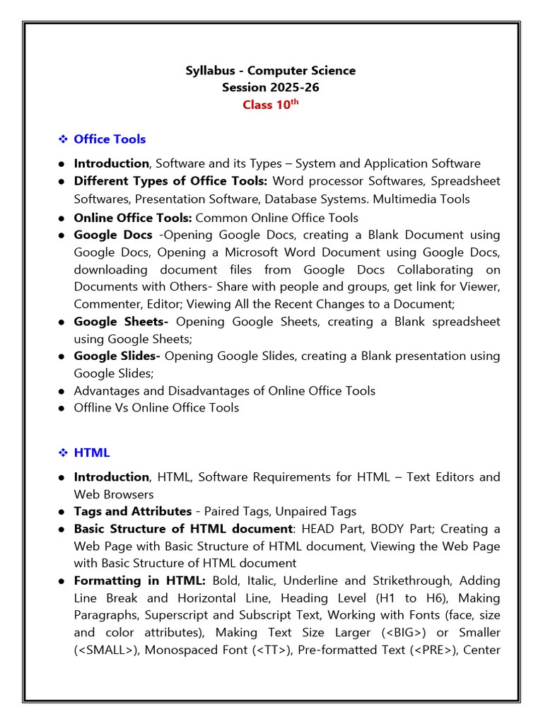 Class 10 Computer Science Syllabus 2025-26 | PDF | Hyperlink | Html Element