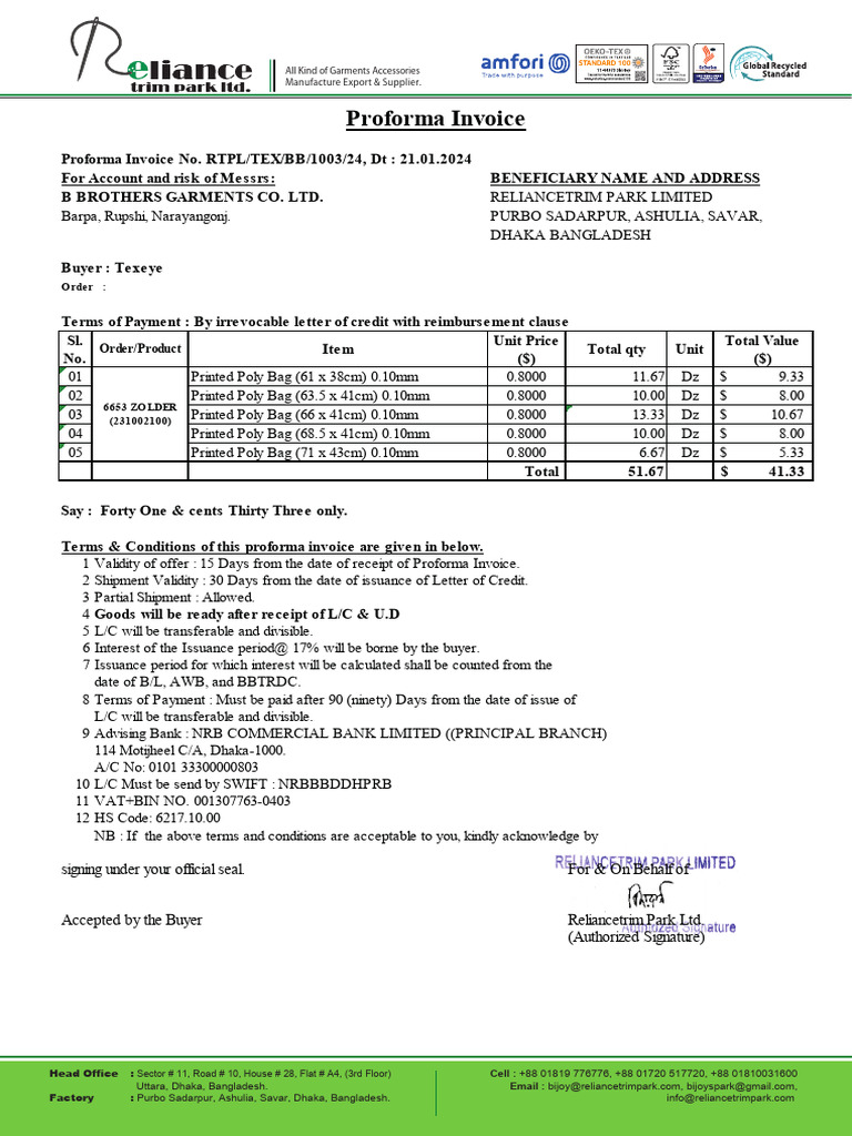 Proforma Invoice for Garments Accessories | PDF | Letter Of Credit ...