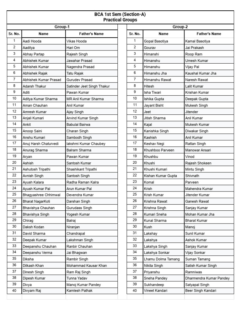 BCA 1st Sem Practical Groups List | PDF