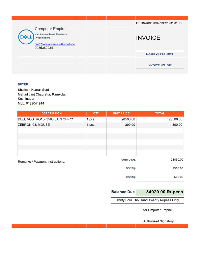 Invoice for Dell Vostro Laptop Sale | PDF