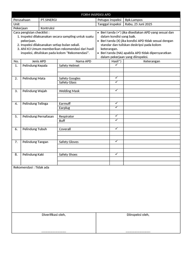 Form Inspeksi APD | PDF