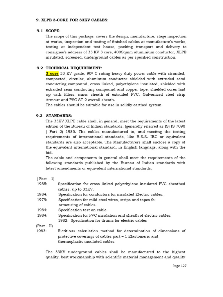 33KV XLPE 3-Core Cable Specifications | PDF | Insulator (Electricity ...
