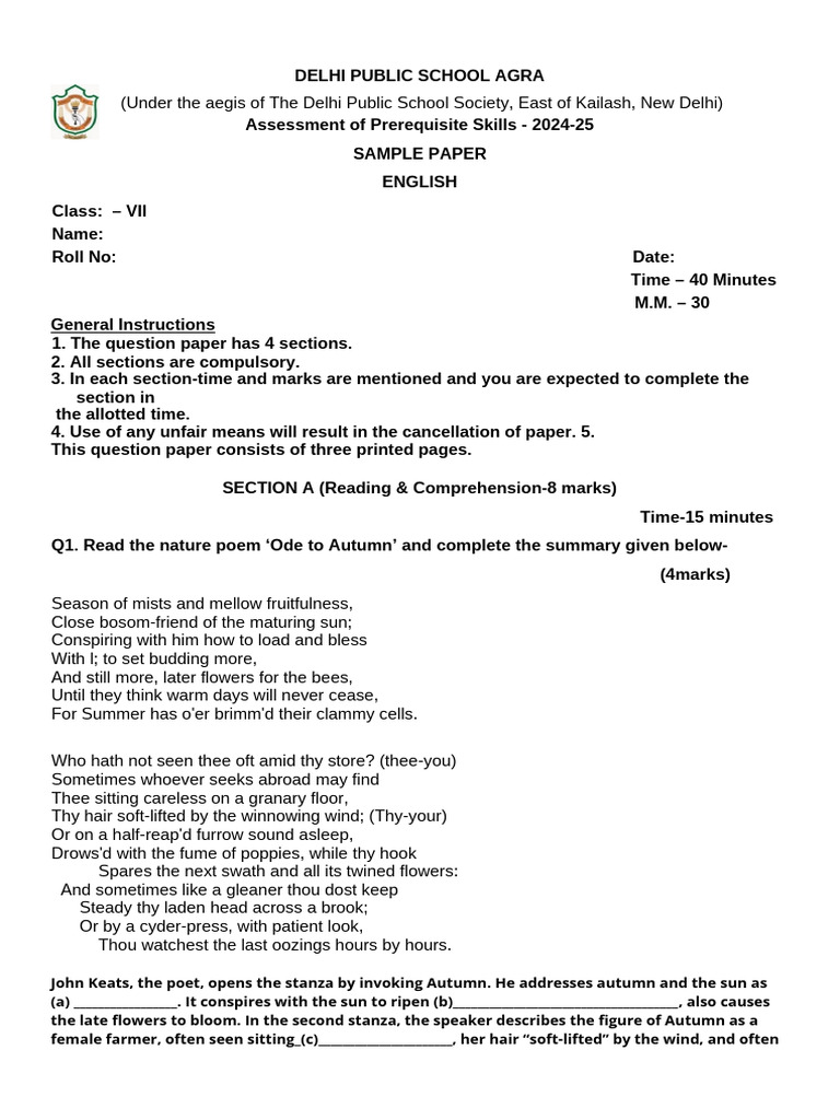 Class 7 English Sample Paper 2024 | PDF