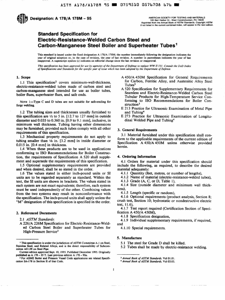 27 - A178 A178M 1995 - Pipe and Flange | PDF