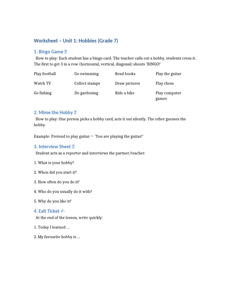 Grade 7 Hobbies Worksheet Activities | PDF