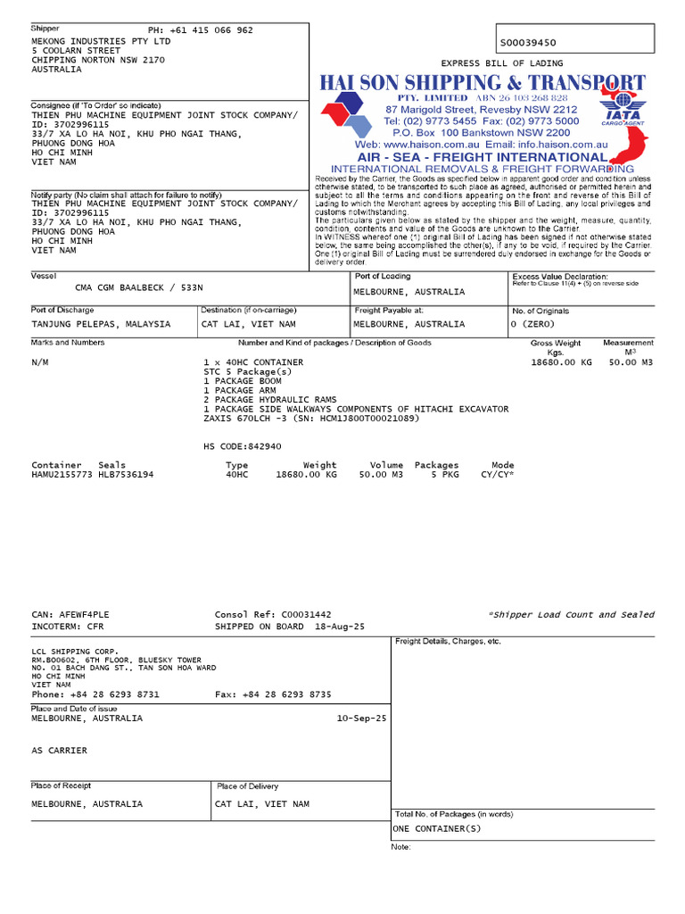 Express Bill of Lading for Excavator Parts | PDF | Freight Transport