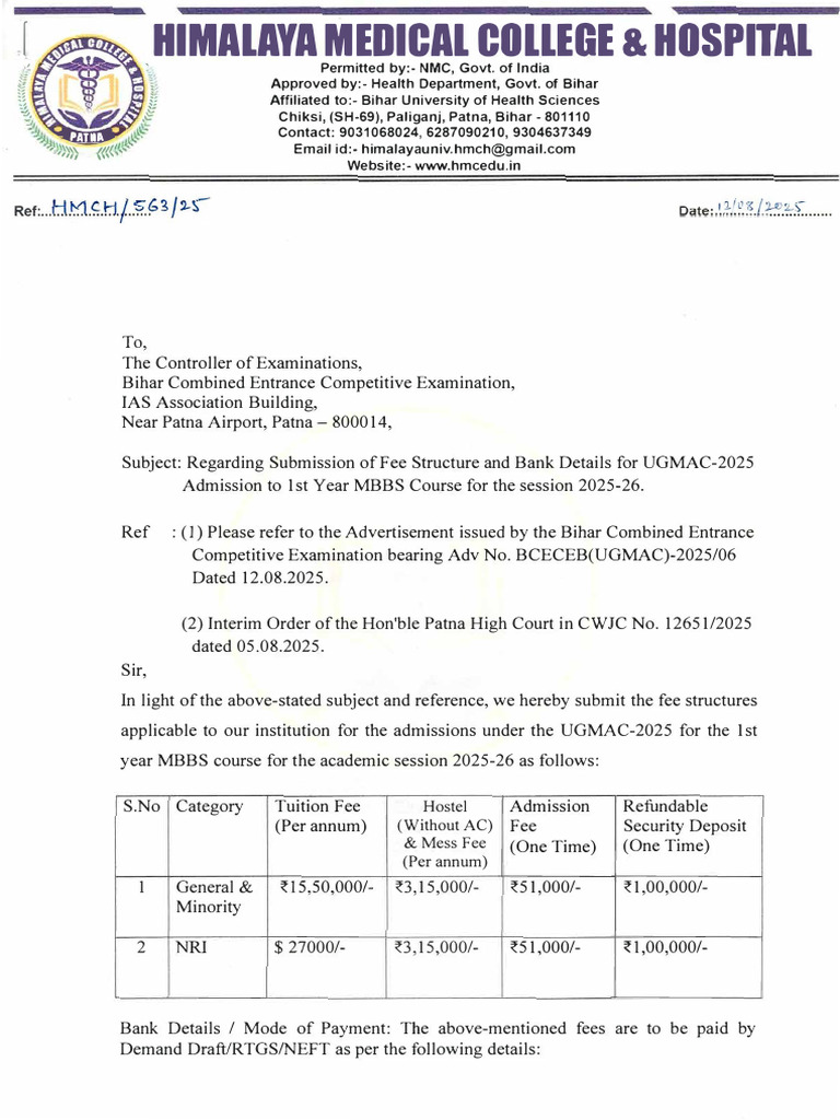 Fee Structure HMCH 2025-26 | PDF