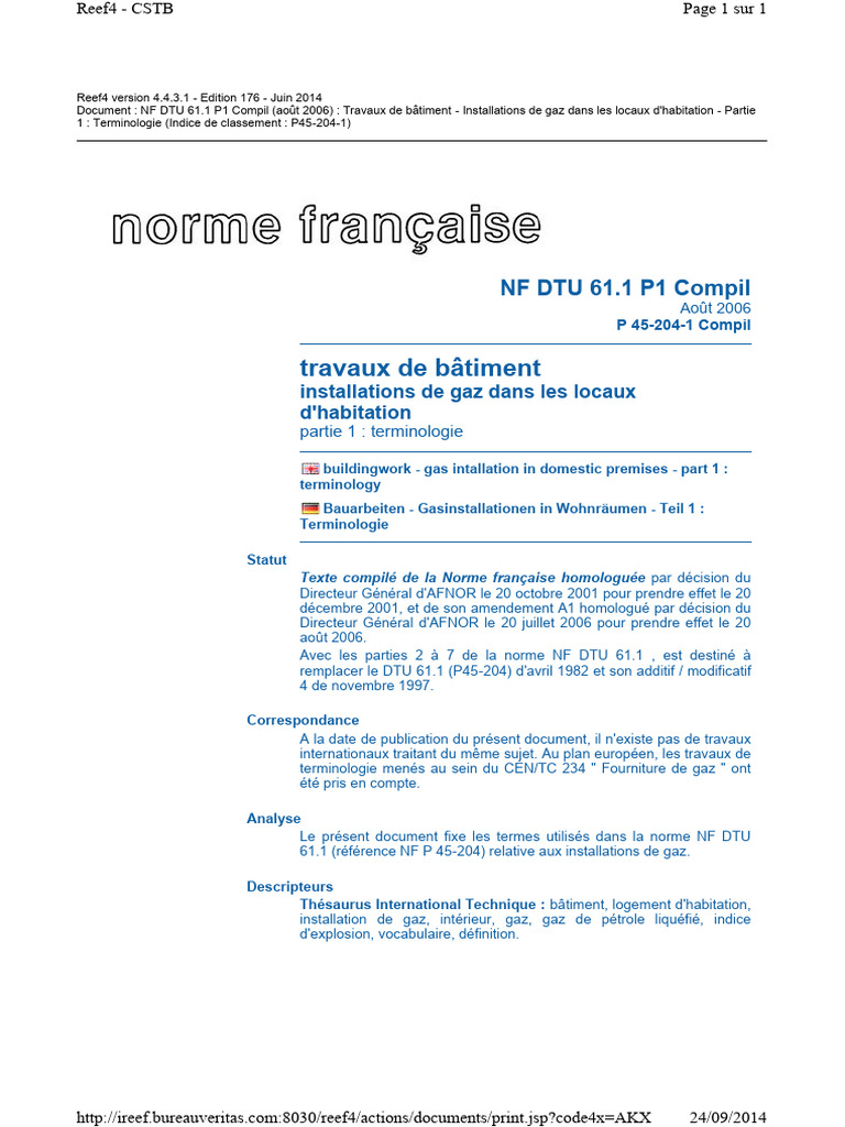 Terminologie NF DTU 61.1 P1 Gaz | PDF | Code de la construction et de l ...