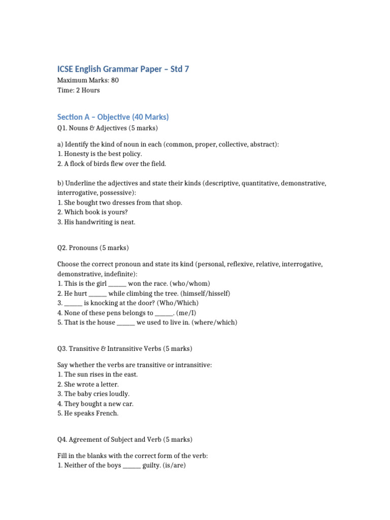 ICSE Std 7 English Grammar Exam Paper | PDF | Verb | Linguistics
