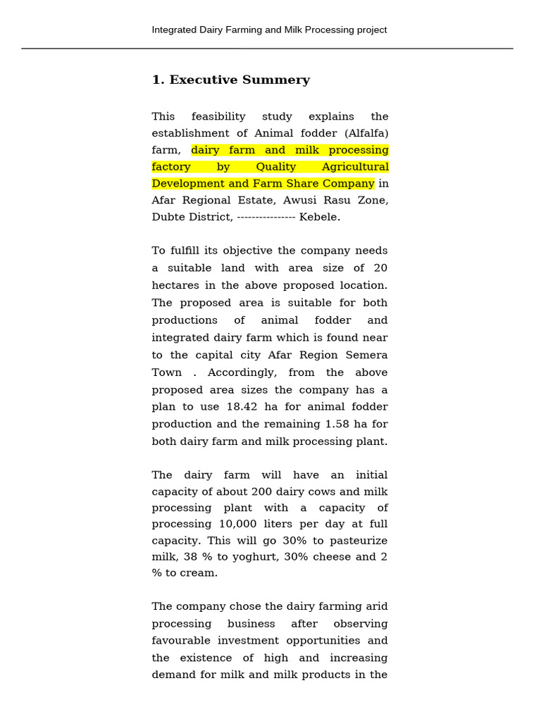 Integrated Dairy Farming and Milk Processing Project | PDF | Dairy | Milk