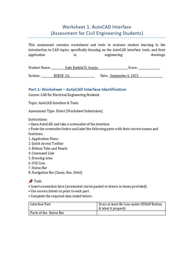 AutoCAD Interface Worksheet for Students | PDF