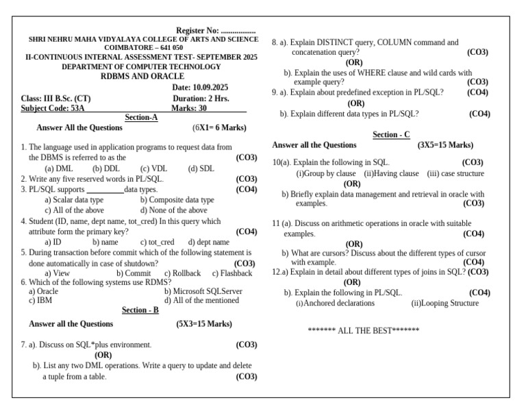 RDBMS and Oracle Assessment Test 2025 | PDF | Pl/Sql | Sql