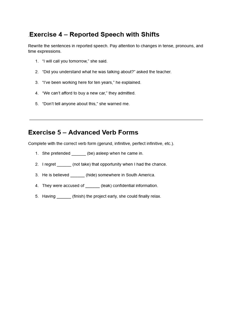 Reported Speech and Verb Forms Exercises | PDF