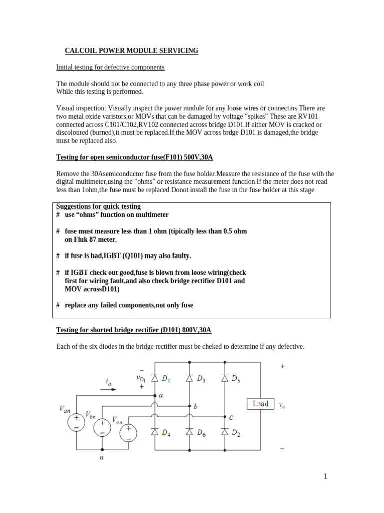 Calcoil Power Module Testing Guide | PDF | Rectifier | Fuse (Electrical)