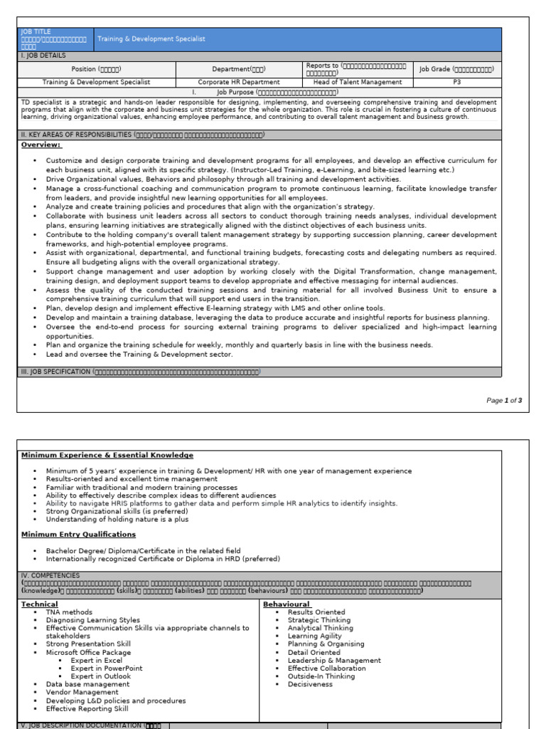 Training & Development Specialist Role | PDF | Talent Management ...