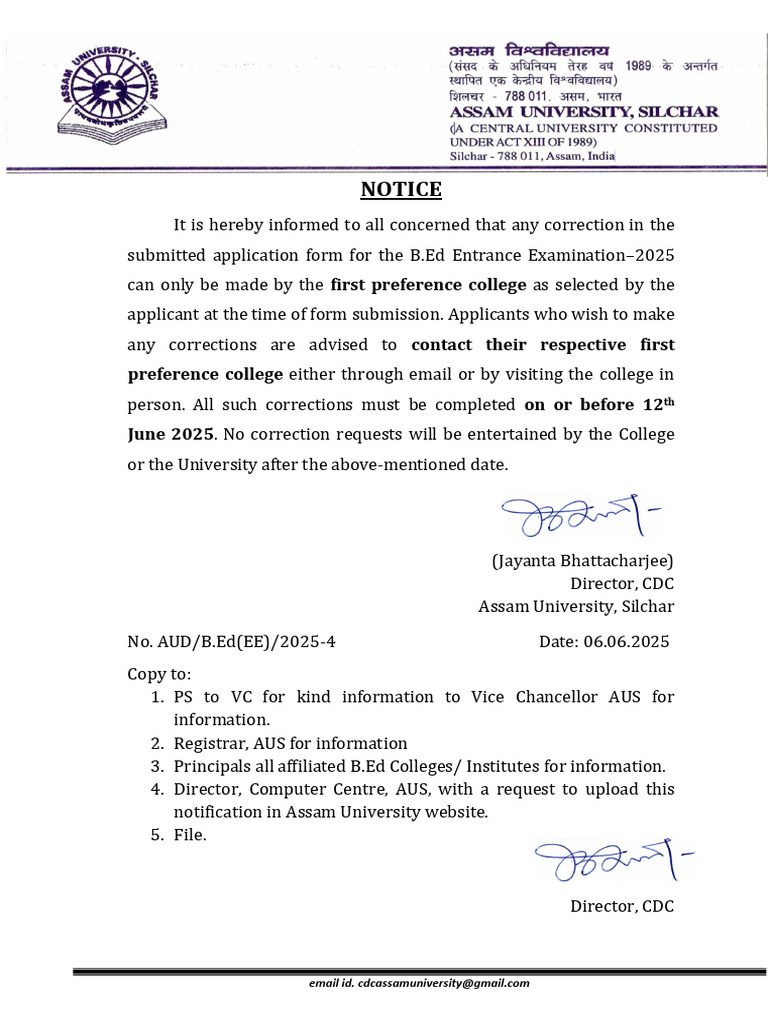 Notice Regarding Correction in The Submitted Application Form For B.ed ...