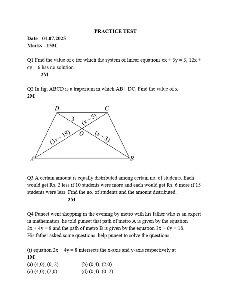 Practice Test Std10 Triangles LinearEquations | PDF