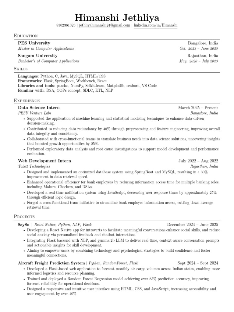 Himanshi Jethliya: Data Science & Web Dev Resume | PDF | My Sql ...