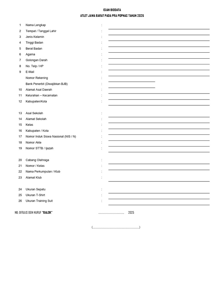 Isian Biodata Atlet | PDF
