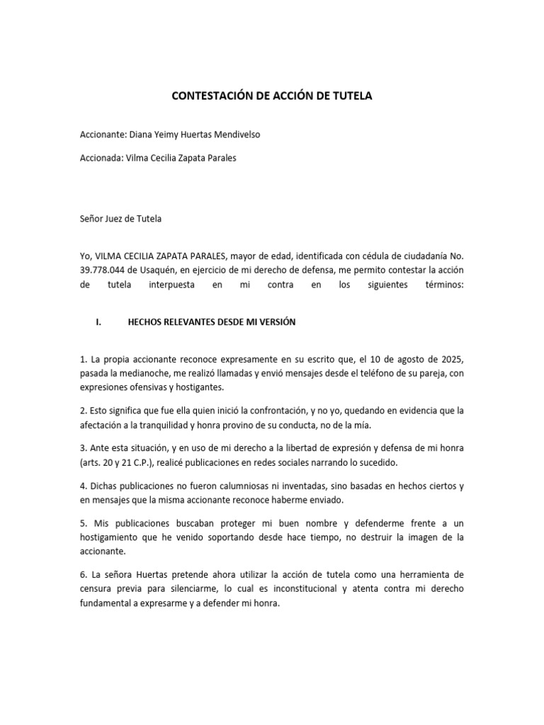 Contestación a Acción de Tutela de Vilma Zapata | PDF | Libertad de ...