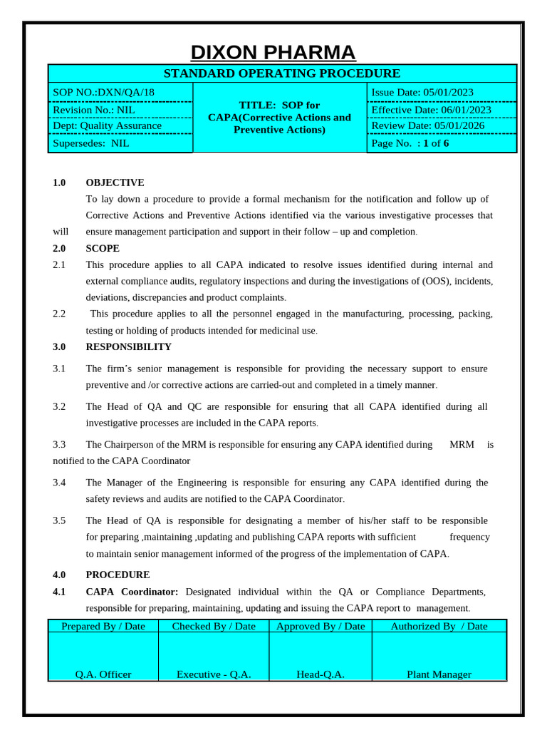 CAPA SOP for Quality Assurance | PDF | Quality Assurance | Business