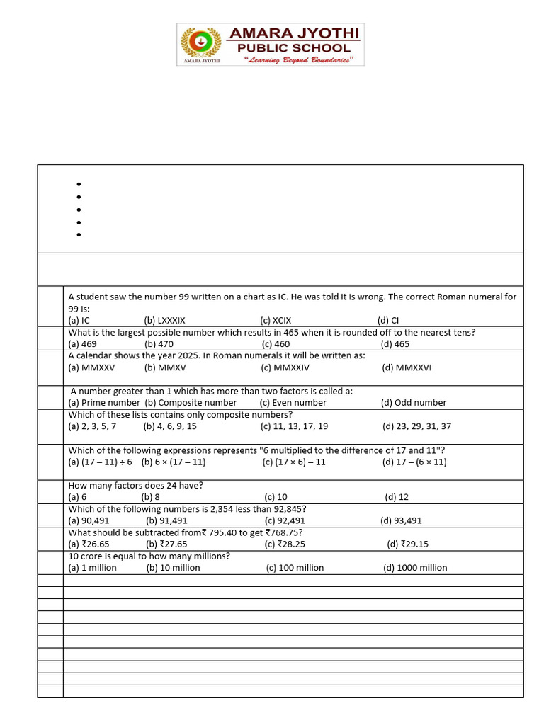 Term - 1 Model Question Paper For Grade-5 | PDF | Number Theory ...
