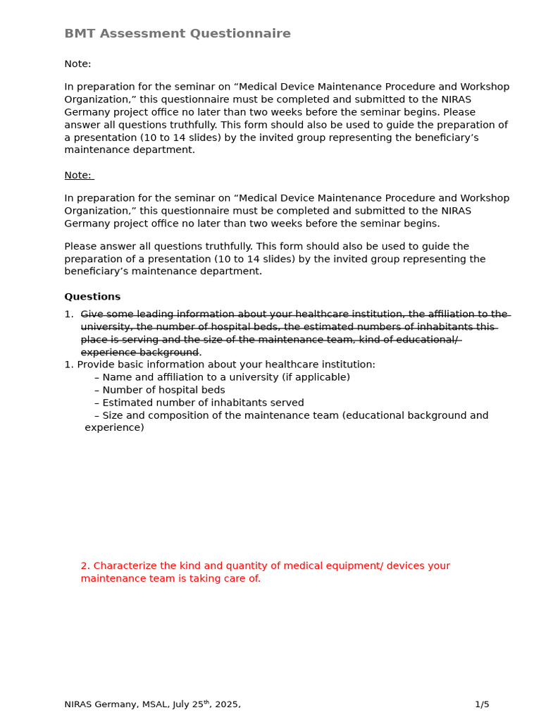 Upfront BMT Questionnaire - Draft MSAL | PDF