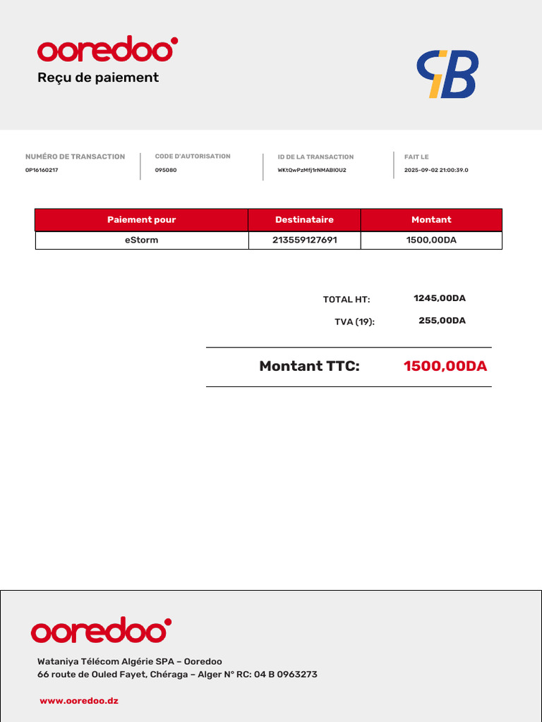 Reçu de paiement eStorm Ooredoo | PDF