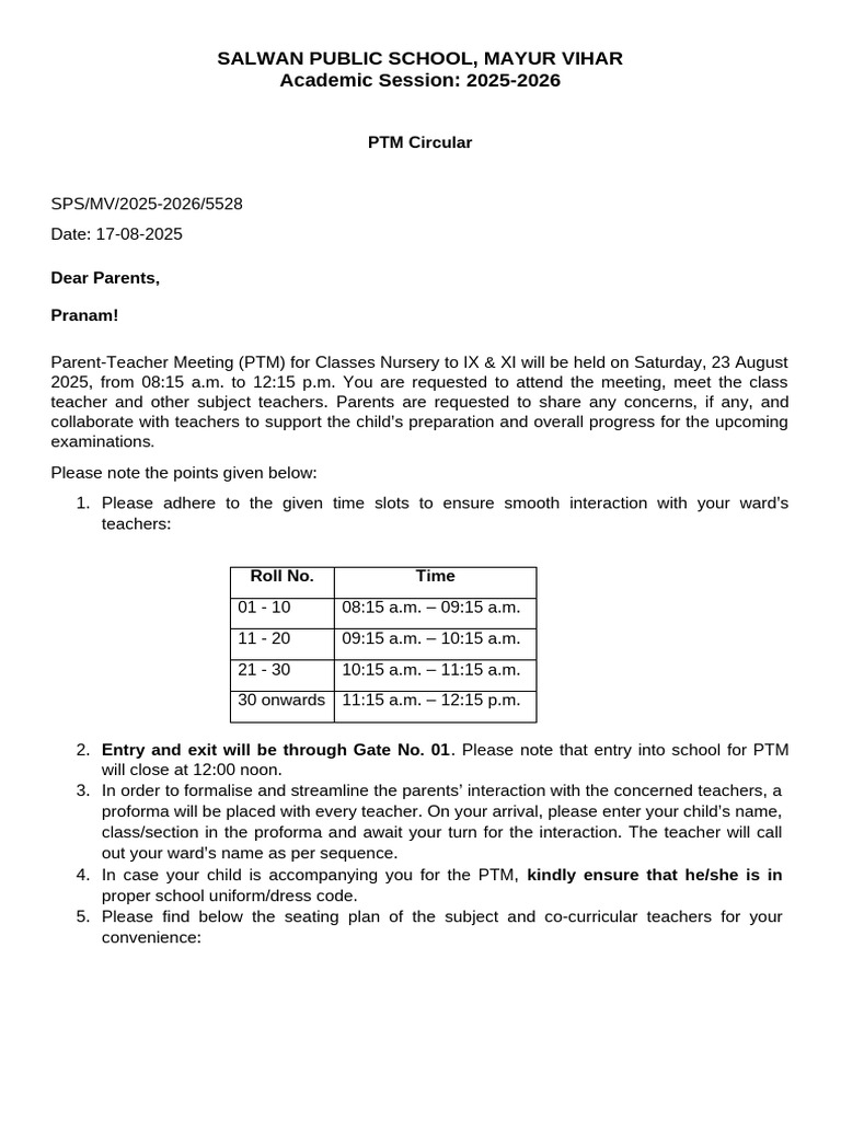 Salwan School PTM Notice 2025-2026 | PDF