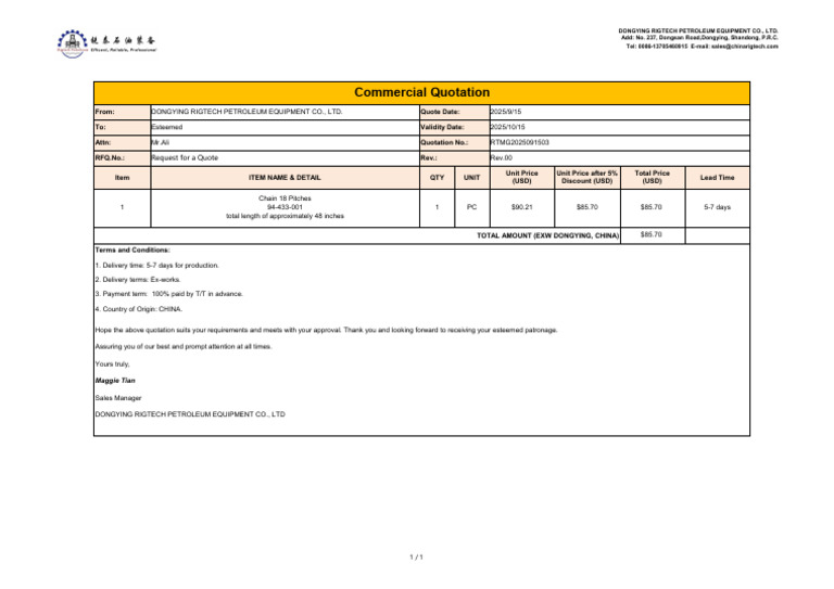 Quotation for Chain 18 Pitches - Dongying Rigtech | PDF | Business