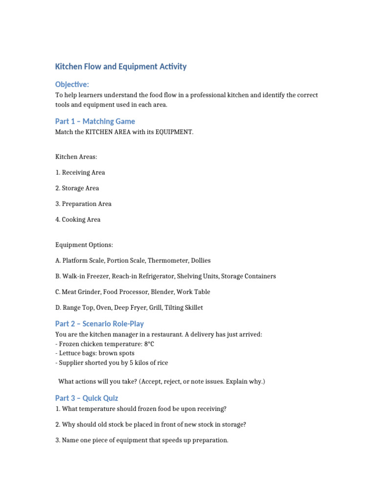Kitchen Flow Activity | PDF