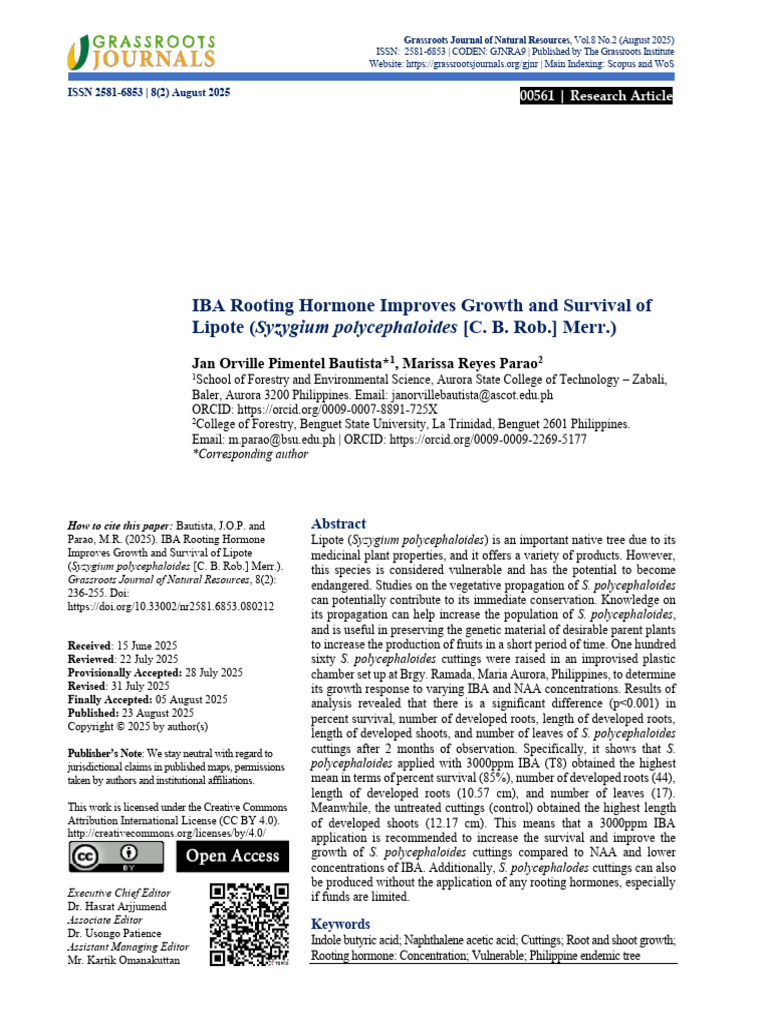 IBA Rooting Hormone Improves Growth and Survival of Lipote (Syzygium ...