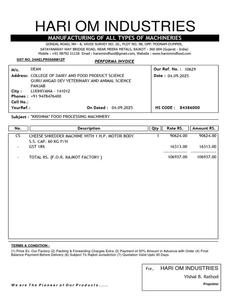 Cheese Shredder Machine Invoice | PDF