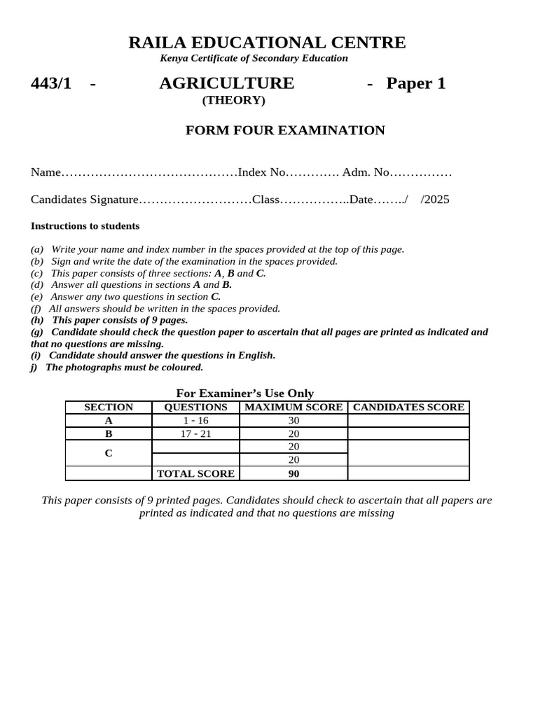 KCSE Agriculture Paper 1 Instructions 2025 | PDF | Agriculture ...