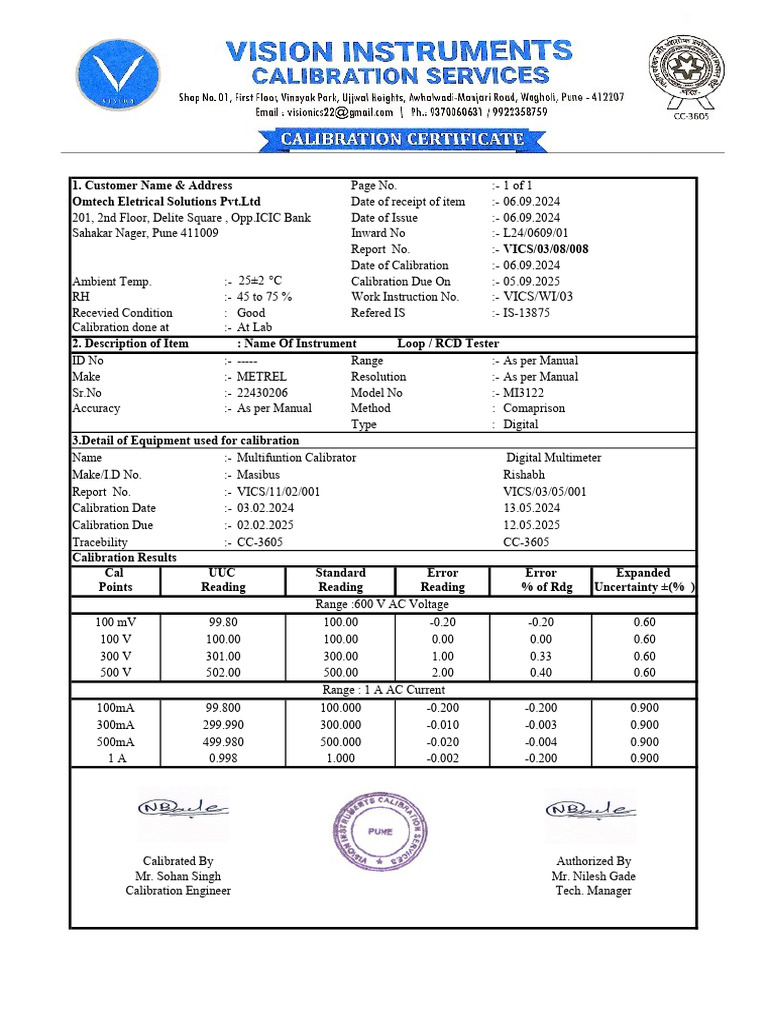 RCD Tester Calibration Certificate | PDF | Calibration | Electromagnetism
