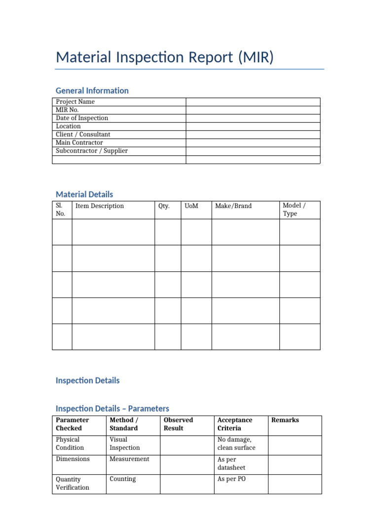 Material Inspection Report Format-1 | PDF