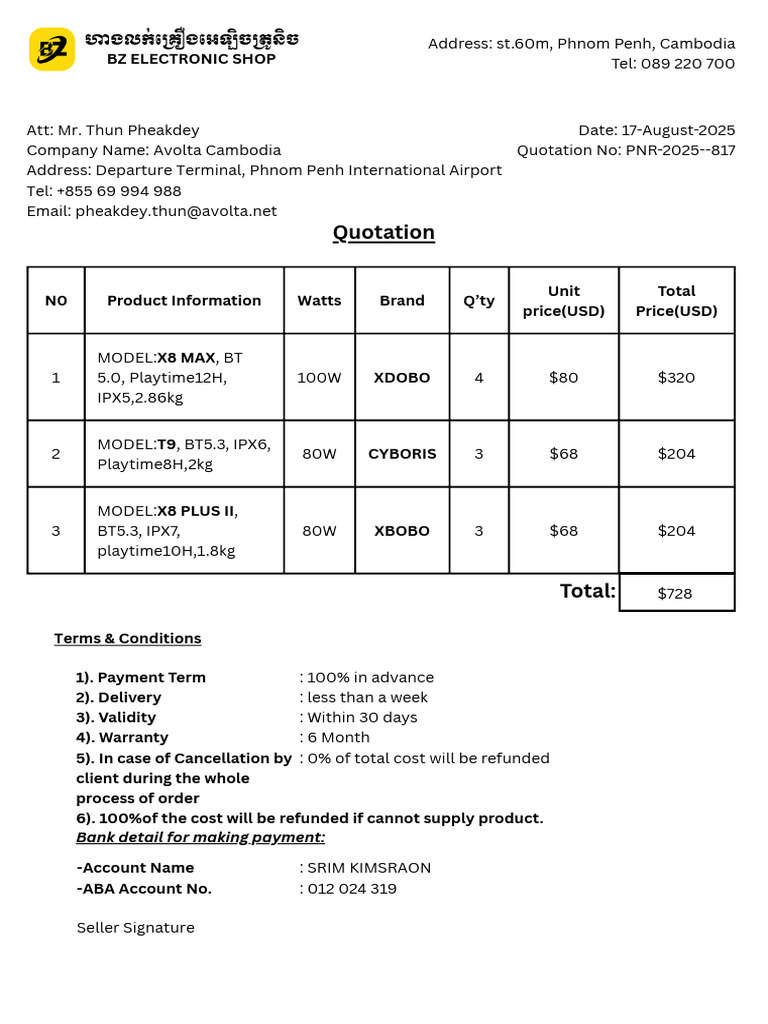 Quotation for Electronics Purchase | PDF