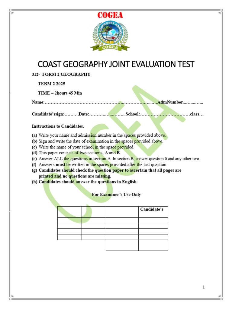 Coast Geography Evaluation Test 2025 | PDF | Fault (Geology) | Plate ...