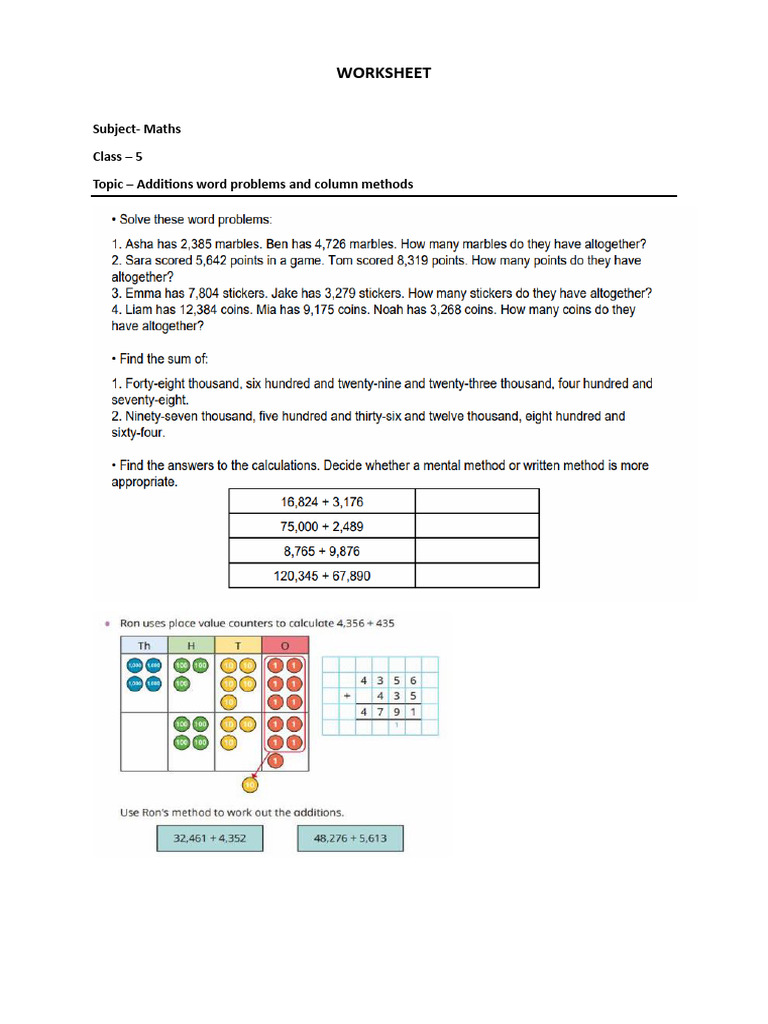 Additions Word Problems and Column Methods | PDF