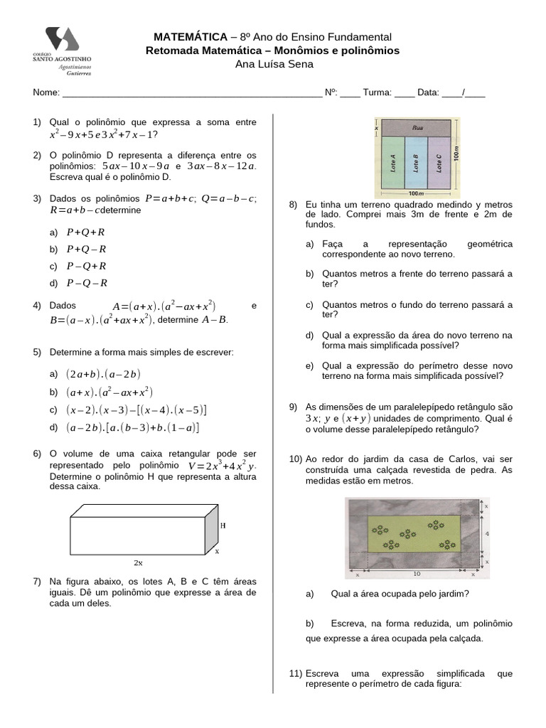 Monômios e Polinômios: Exercícios 8º Ano | PDF | Matemática
