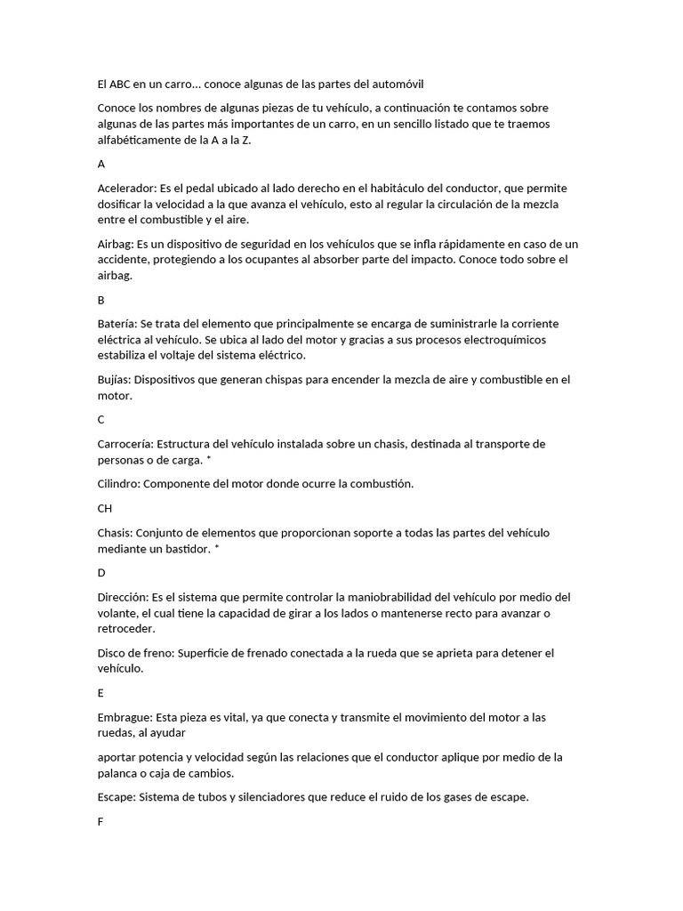 ABC de Partes del Automóvil | PDF | Embrague | Airbag